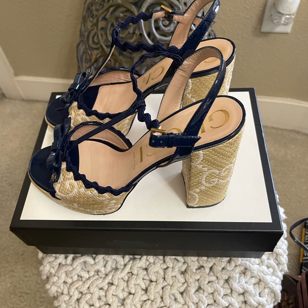 Gucci Natural/Royal Kertu Rafia  GG Platform Heels 41.5 - Picture 4 of 12